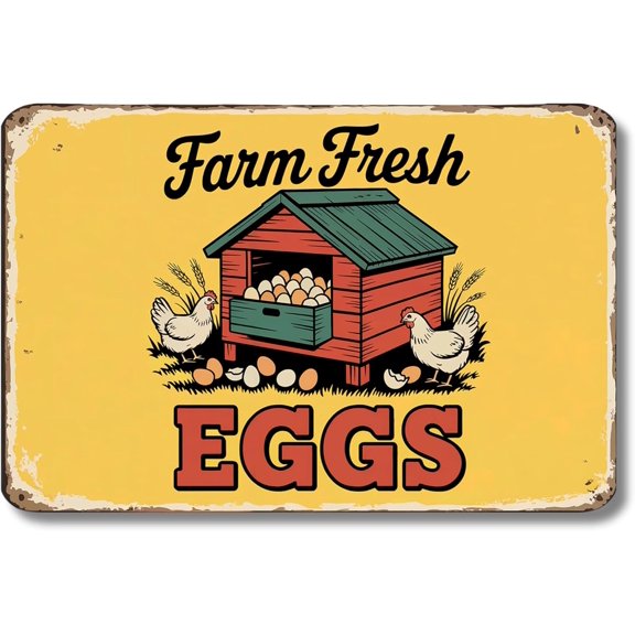 Farm Fresh Eggs Metal Poster by DC | Vintage Tin Sign Wall Art for Indoor Use | 10x7" Rust-Free Aluminum Decor for ChickenCoop | UV Protected & Weatherproof Print | Made in USA