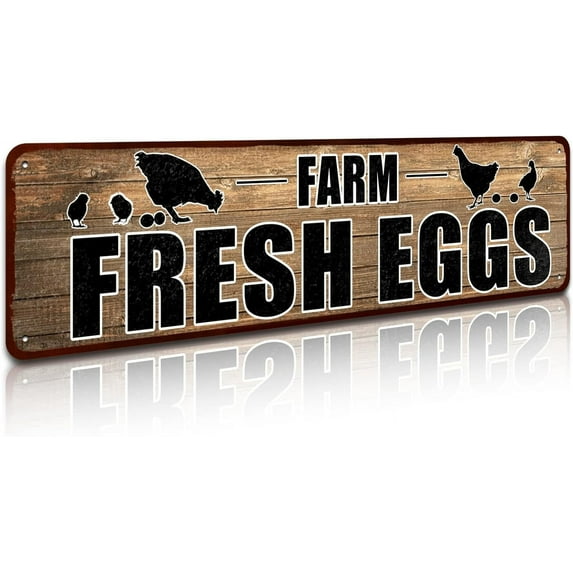 'Farm Fresh Eggs' Retro Vintage Metal Tin Bar Sign, Decorative Wall Art Signage, Primitive Farmhouse Country Kitchen Home Décor, 16" x 4"