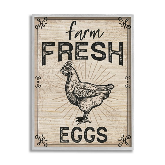 Farm Fresh Eggs Vintage Hen Animals & Insects Graphic Art Gray Framed Art Print Wall Art