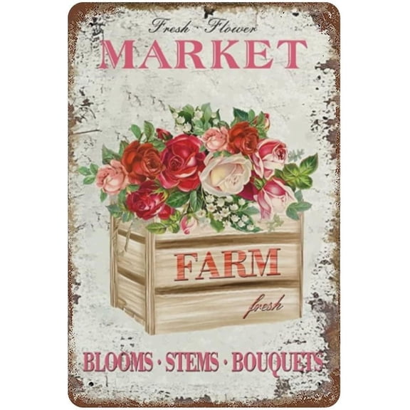 Farm Fresh Flower Market Tin Metal Sign Spring Summer Fresh Roses Box Yard Sign Country Chic Floral Plant Artwork Poster Iron Sign Art Wall Plaque for Home Kitchen Office Bar Dorm Club 12x8 inhces
