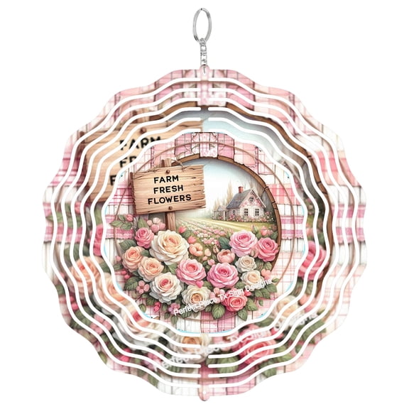 Farm Fresh Flowers Roses Pink 3D Wind Spinner Stainless Steel Garden Decor