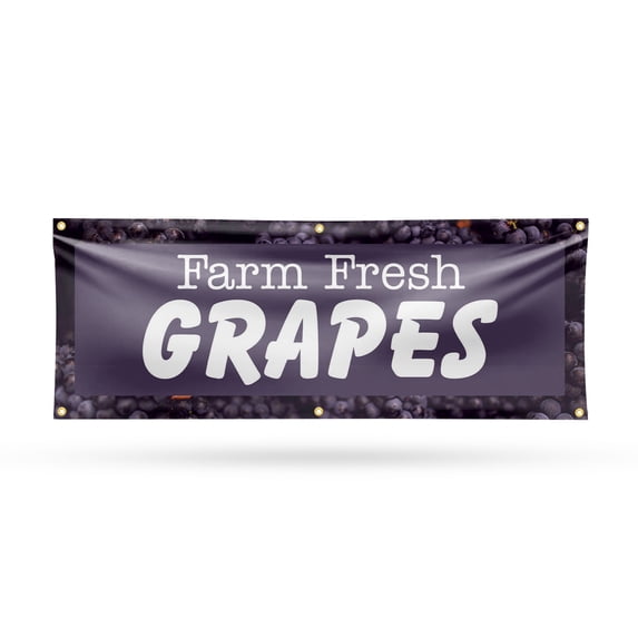 Farm Fresh Grapes Banner Sign 24 Inch x 72 Inch | 13 oz Vinyl with Metal Grommets | Heavy-Duty Single-Sided Outdoor Durable Printed High-Quality Weatherproof | Made in the USA