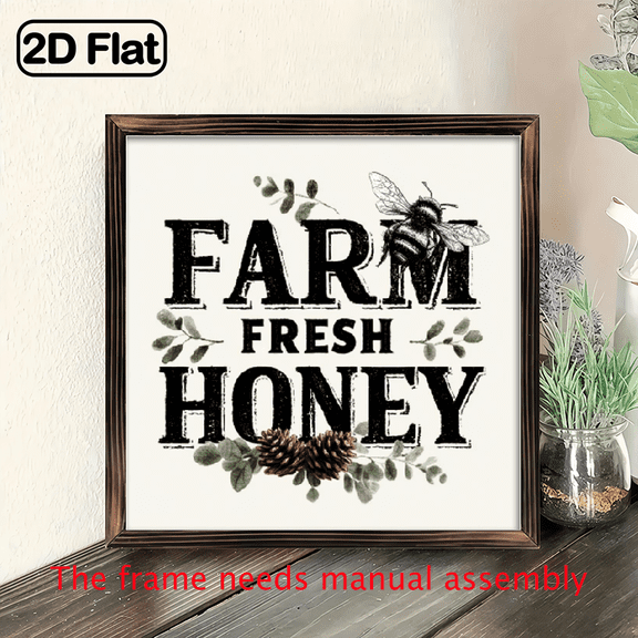 Farm Fresh Honey Vintage Wooden Wall Sign - 8x8 Inch Rustic Farmhouse Decor with Bee Illustration, Framed Wood Hanging for Kitchen, Living Room, Bedroom - Perfect Housewarming Gift, Farmhouse House