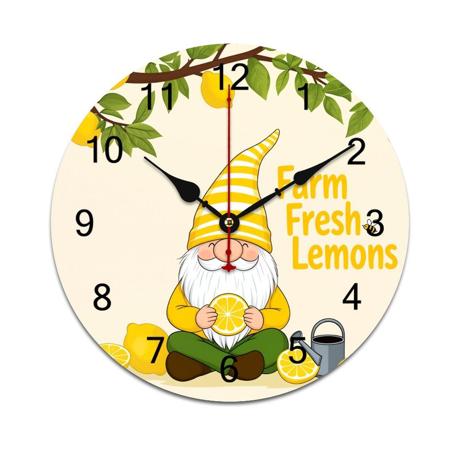 Farm Fresh Lemons Gnome-1 Printed Silent Wall Clock Round Kitchen Clock ...