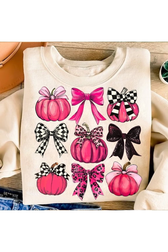 Farm Fresh Pumpkin Coquette Sweater, Pink Fall Checkered Autumn Leopard Bow Sweatshirt