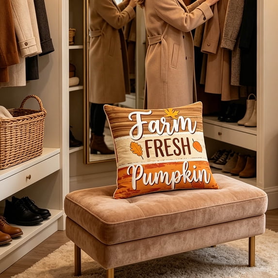 Farm Fresh Pumpkin Throw Pillow Cover, Striped Wood Grain Maple Leaf Cushion Cover, Autumn Thanksgiving Farmhouse Decorative Pillowcase for Sofa Couch, 18"