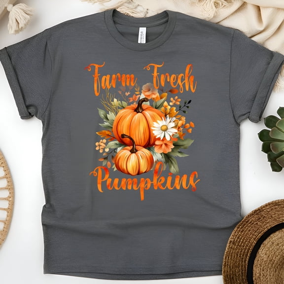 Farm Fresh Pumpkins T-Shirt | Floral Pumpkin Fall Tee | Rustic Autumn Harvest Top, Dark Heather, Size S