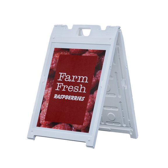 Farm Fresh Raspberries 18" x 24" Double Sided A-Frame Sidewalk Sign Includes 2 Plastic Inserts Foldable Portable White Signicade Sandwich Board Sweet and Juicy Farmers Market Healthy