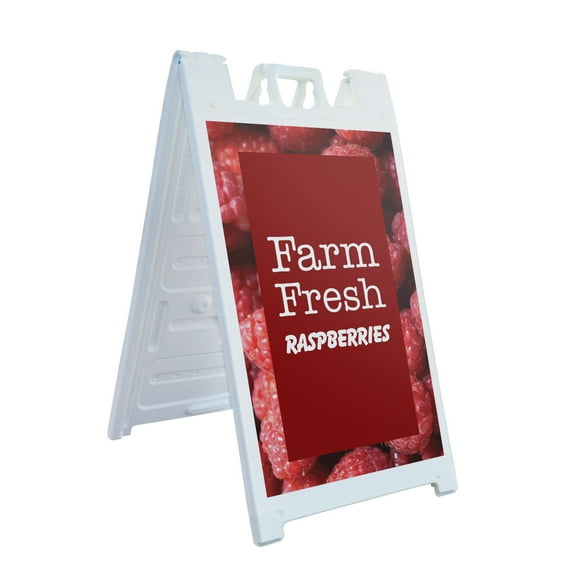 Farm Fresh Raspberries 24" x 36" Double Sided A-Frame Sidewalk Sign Includes 2 Installed Decals Foldable Portable White Signicade Sandwich Board Sweet and Juicy Farmer’s Market Healthy