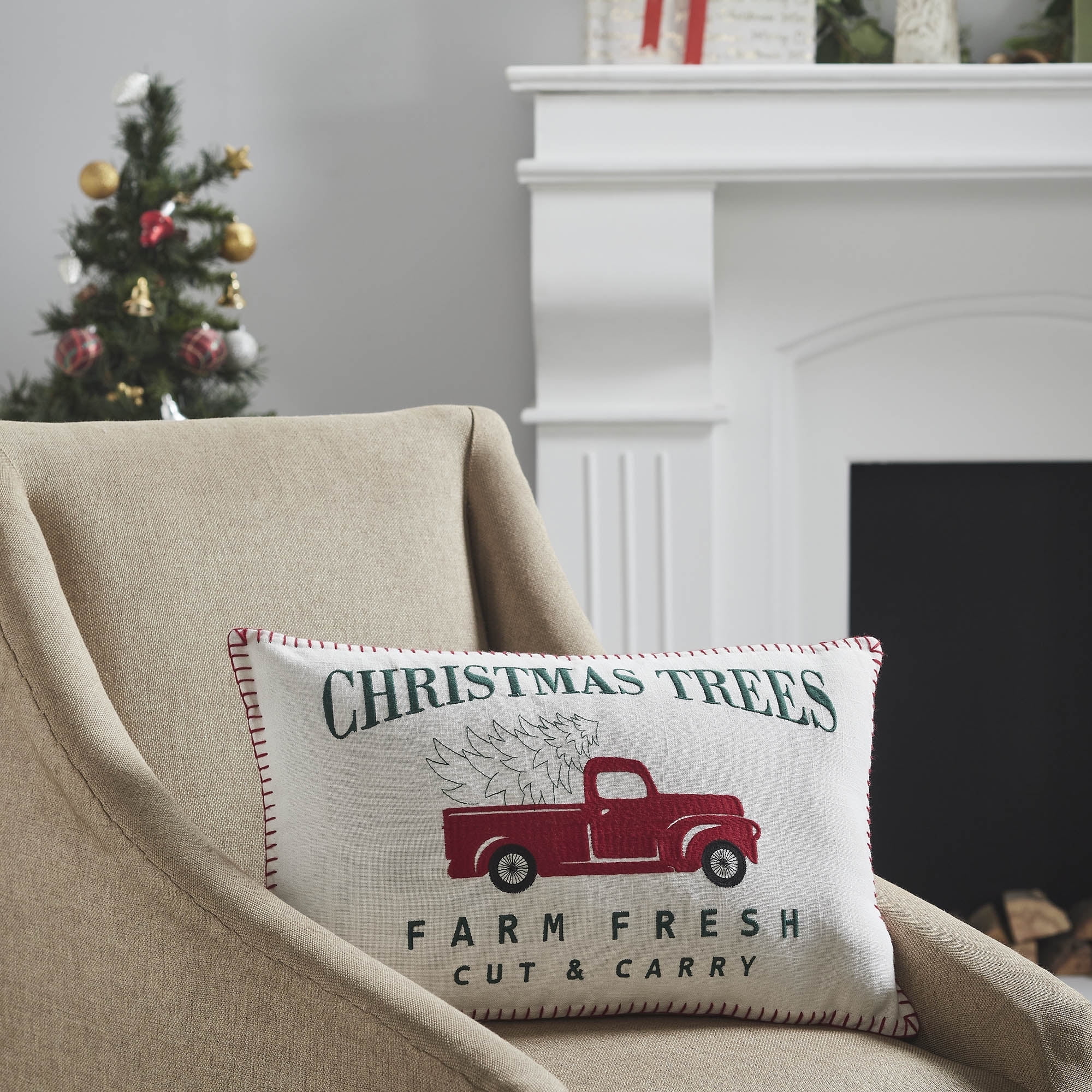 Farm Fresh Red Truck Christmas Cotton Pillow 14x22