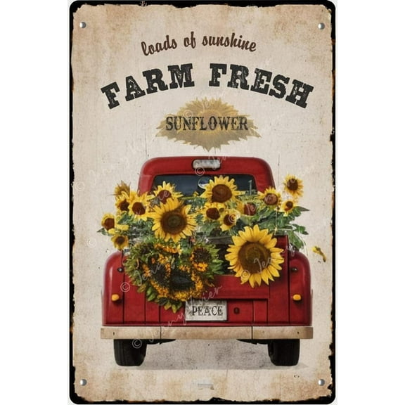Farm Fresh Sunflower Red Truck Vintage Tin Sign, Chic Bar Sign, Retro Farmhouse Kitchen Wall Country Home Decor for Living Room Bedroom Decoration, Housewarming Gift 12x8 Inches