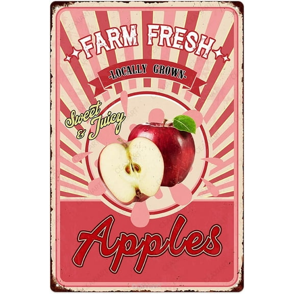 Farm Fresh Sweet Juicy Apples Vintage Metal Tin Sign Retro Fruit Poster Decorative Wall Art Signage Farmhouse Country Market Kitchen Bar Cafe Dining Room Home Decor 12" X 8"