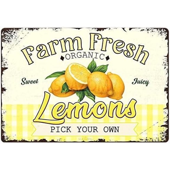 Farm Fresh Sweet Juicy Lemons Metal Tin Sign, Retro Fruit Poster Decorative Wall Art Signage, Farmhouse Country Market Kitchen Bar Home Decor, 12" X 8"