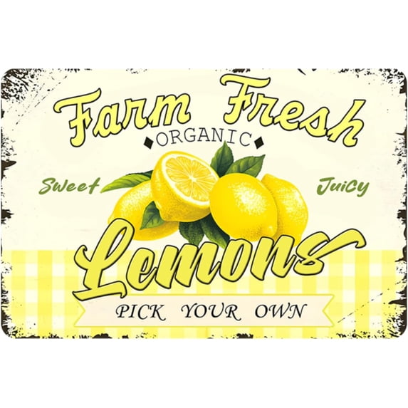 Farm Fresh Sweet Juicy Lemons Vintage Metal Tin Sign Retro Fruit Wall Art Decorative Sign Poster for Home Farmhouse Country Market Kitchen, 12X8 In