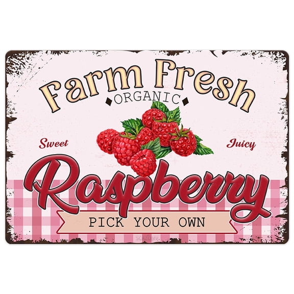 Farm Fresh Sweet Juicy Raspberry Vintage Metal Tin Sign, Retro Fruit Poster Decorative Wall Art Signage, Farmhouse Country Market Kitchen Bar Home Decor, 12" X 8"