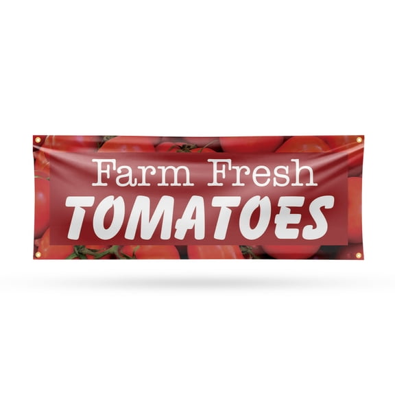 Farm Fresh Tomatoes Banner Sign 18 Inch x 48 Inch | 13 oz Vinyl with Metal Grommets | Heavy-Duty Single-Sided Outdoor Durable Printed High-Quality Weatherproof | Made in the USA