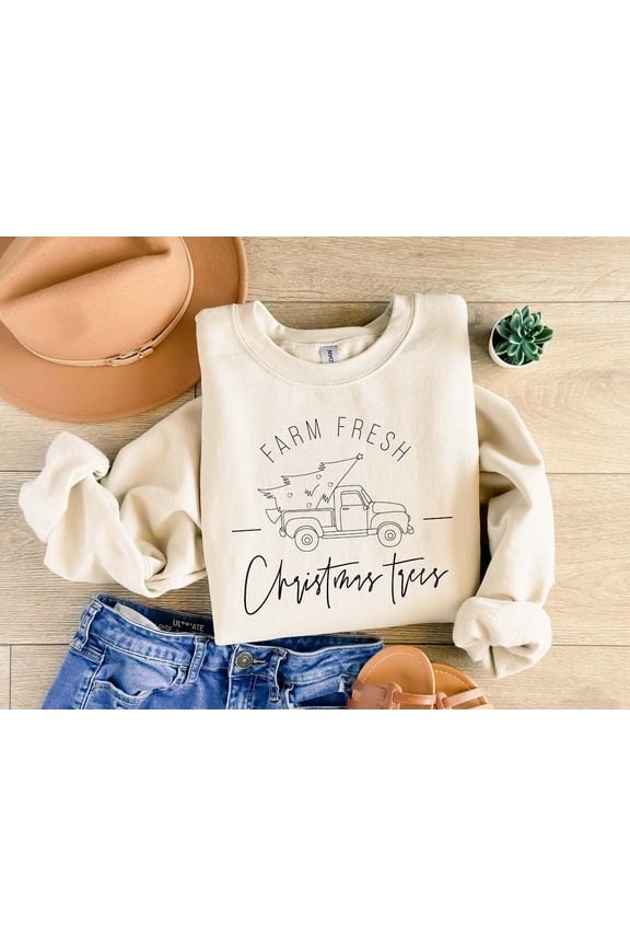 Farm Fresh Trees Sweatshirt – Vintage Truck Crewneck, Cozy Unisex Pullover, Rustic Farmhouse Sweater All Size S-5Xl