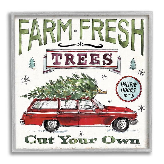 Farm Fresh Trees Vintage Christmas Advertisement Station Wagon Transportation Framed Art Print Wall Art, 17x17