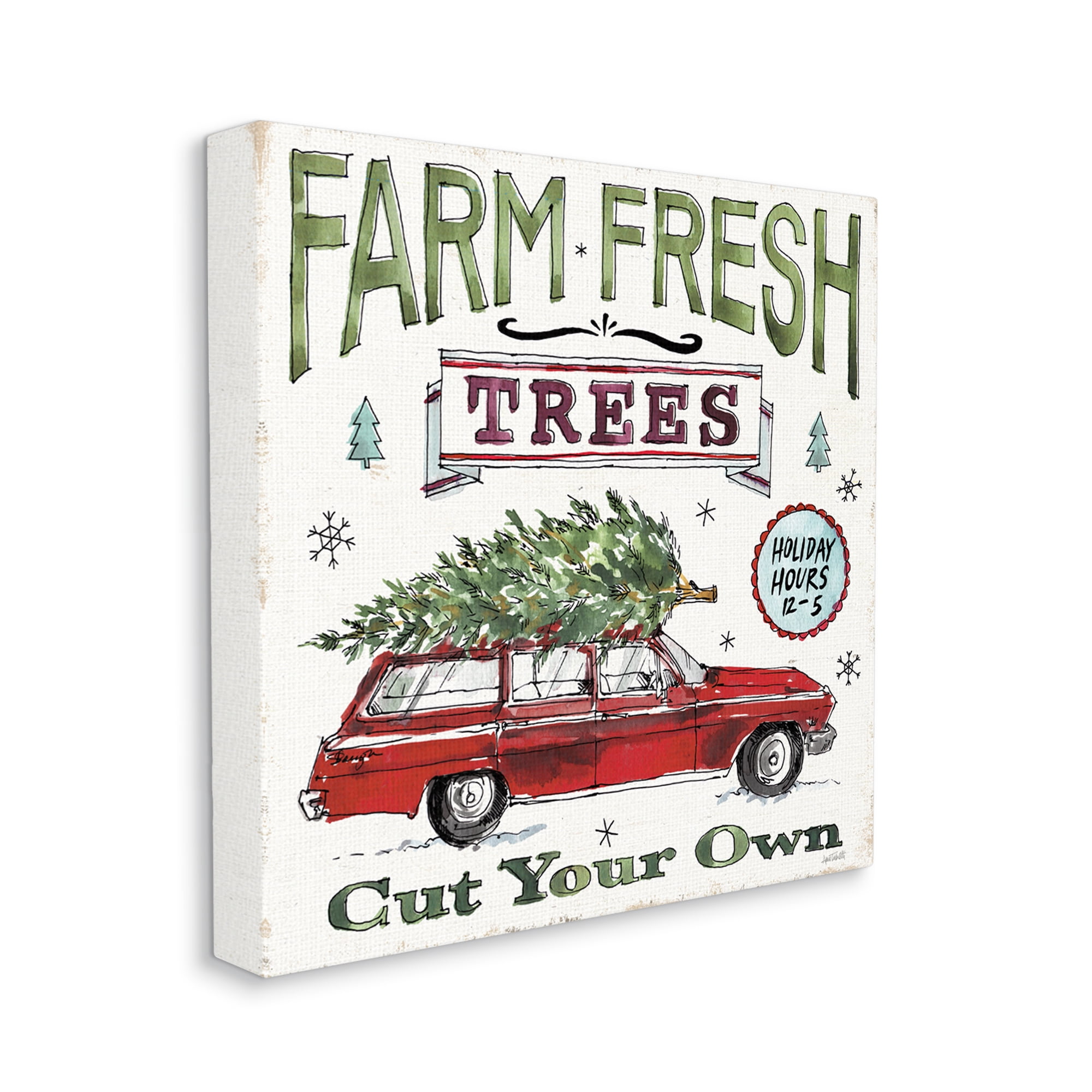 Farm Fresh Trees Vintage Christmas Advertisement Station Wagon Transportation Gallery-Wrapped Canvas Print Wall Art, 17x17