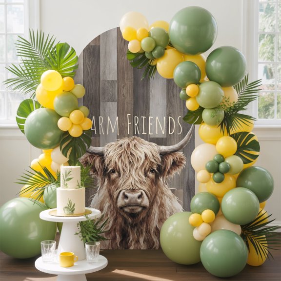 Farm Friends Arch Backdrop Cover, 4FT, Country Highland Pattern Brown Wood Grain Spandex Arch Covers Double-Sided Backdrop for Wedding Birthday Party Photo Background Decoration