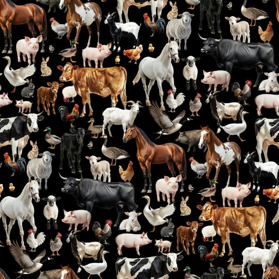 Farm Friends Black Cotton Fabric
