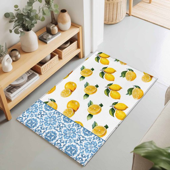 Farm Fruit Yellow Lemon Leaves Rectangle Rug 2'x3' Blue and White Porcelain Texture Washable Area Rugs for Living Room Bedroom Entryway Non Slip Entrance Door Mat Indoor Floor Carpet