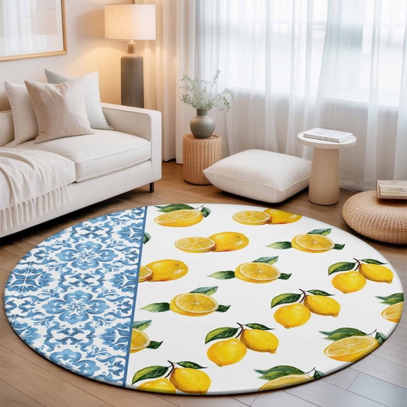 Farm Fruit Yellow Lemon Leaves Round Rug 5ft Blue and White Porcelain Texture Washable Area Rugs for Living Room Bedroom Entryway Non Slip Entrance Door Mat Indoor Floor Carpet