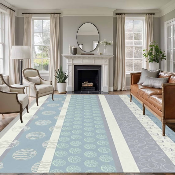 Farm Fruits Area Rugs 8'x10', Washable Small Throw Rugs for Living Room Patio, Watermelon Lemons Peach Blue Grey Striped Indoor Outdoor Rug Non-Slip Low Pile Carpet Runner Reversible Floor Mats