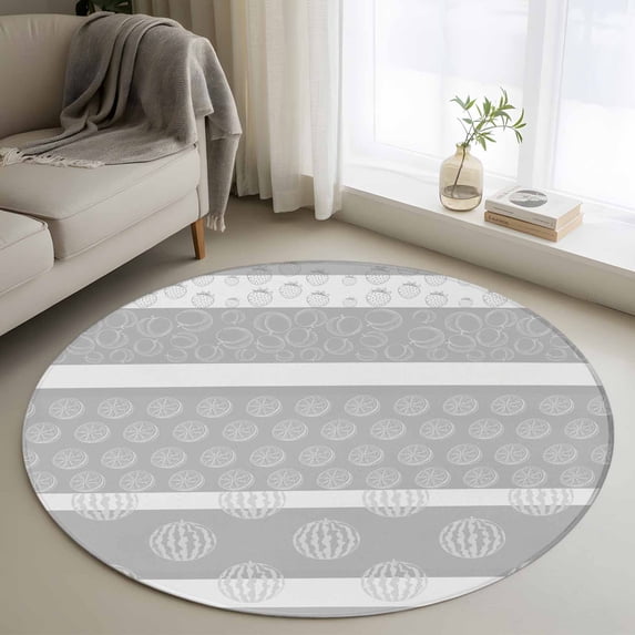 Farm Fruits Round Area Rug 3.3Ft Washable Circle Rugs for Dining Room Table, Watermelon Lemons Peach Strawberry Grey Striped Non-Slip Carpet Floor Mats Indoor Outdoor Carpet Runner Home Decor