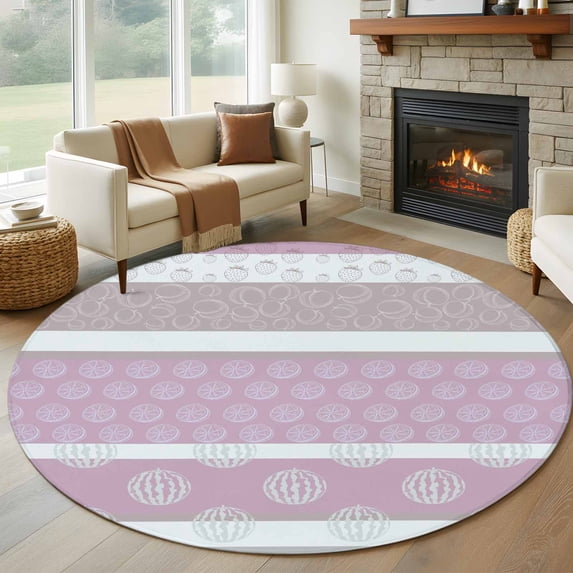 Farm Fruits Round Rug 5ft Washable Circle Kitchen Rugs Non Slip Watermelon Lemons Peach Pink Grey Striped Large Area Rug Indoor Floor Carpet for Bedroom Living Room Home Office Dining Room Nursery