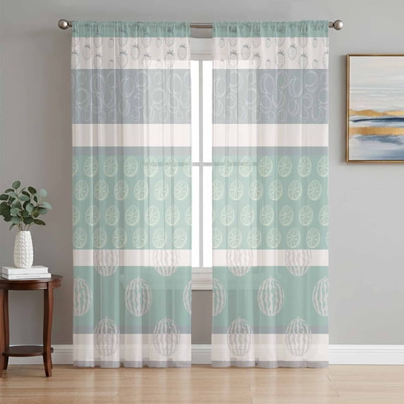 Farm Fruits Sheer Curtains 96 Inch Length 2 Panels for Living Room, Watermelon Lemons Peach Green Grey Striped Voile Kitchen Curtain Set, Luxury Privacy Drapes Window Treatment for Bedroom