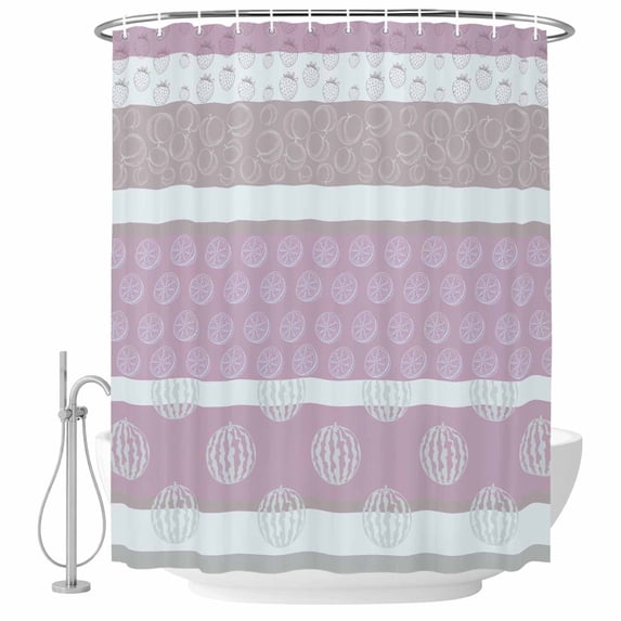 Farm Fruits Shower Curtain, Waterproof Shower Curtains for Bathroom, Watermelon Lemons Peach Pink Grey Striped Washable Fabric Bathtub Curtain Set Bath Decor with 12 Hooks Stall 36"x72"