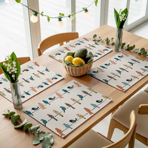 Farm Funny Buffalo Plaid Birds on Wire Placemats Set of 4,Wipeable Washable Table Mats for Dining Tables, Vintage Linen Place Mats for Kitchen Event Party Tabletop Decor