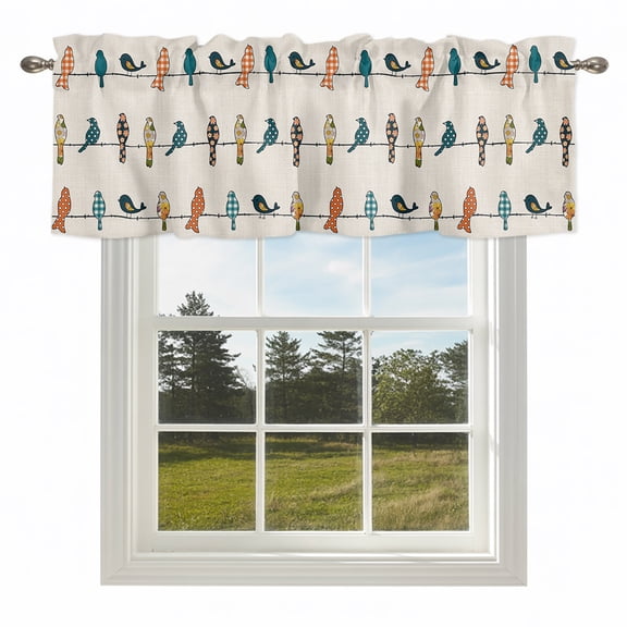 Farm Funny Buffalo Plaid Birds on Wire Valances for Windows Vintage Linen Rod Pocket Curtain Valance Window Treatment Short Curtains for Kitchen Living Room,42x12in