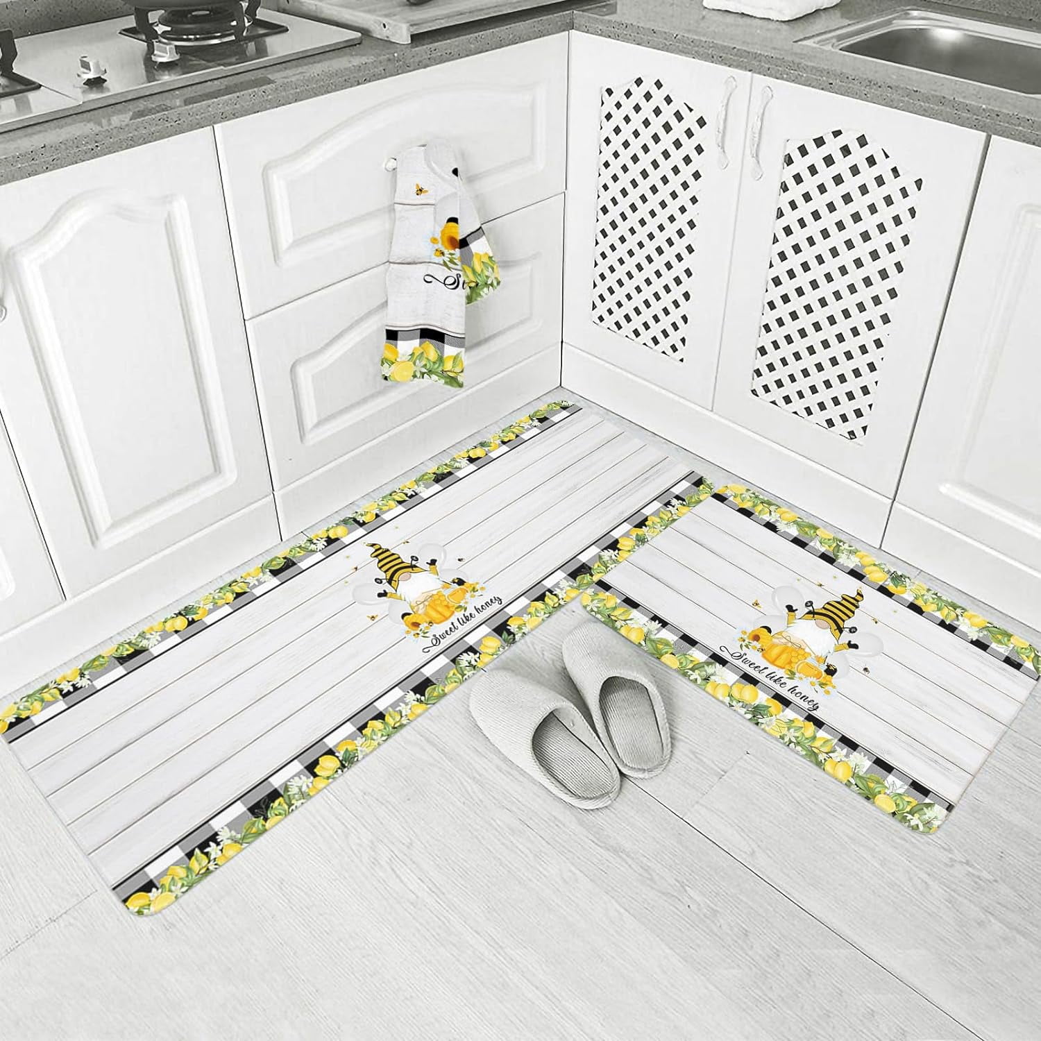 Farm Gnome and Lemons Kitchen Floor Mats, Retro Wood Plank 2 PCS Anti Fatigue Area Runner Rugs Set Yellow Fruits Non-Slip Bathroom Comfort Standing Mat Home Decor
