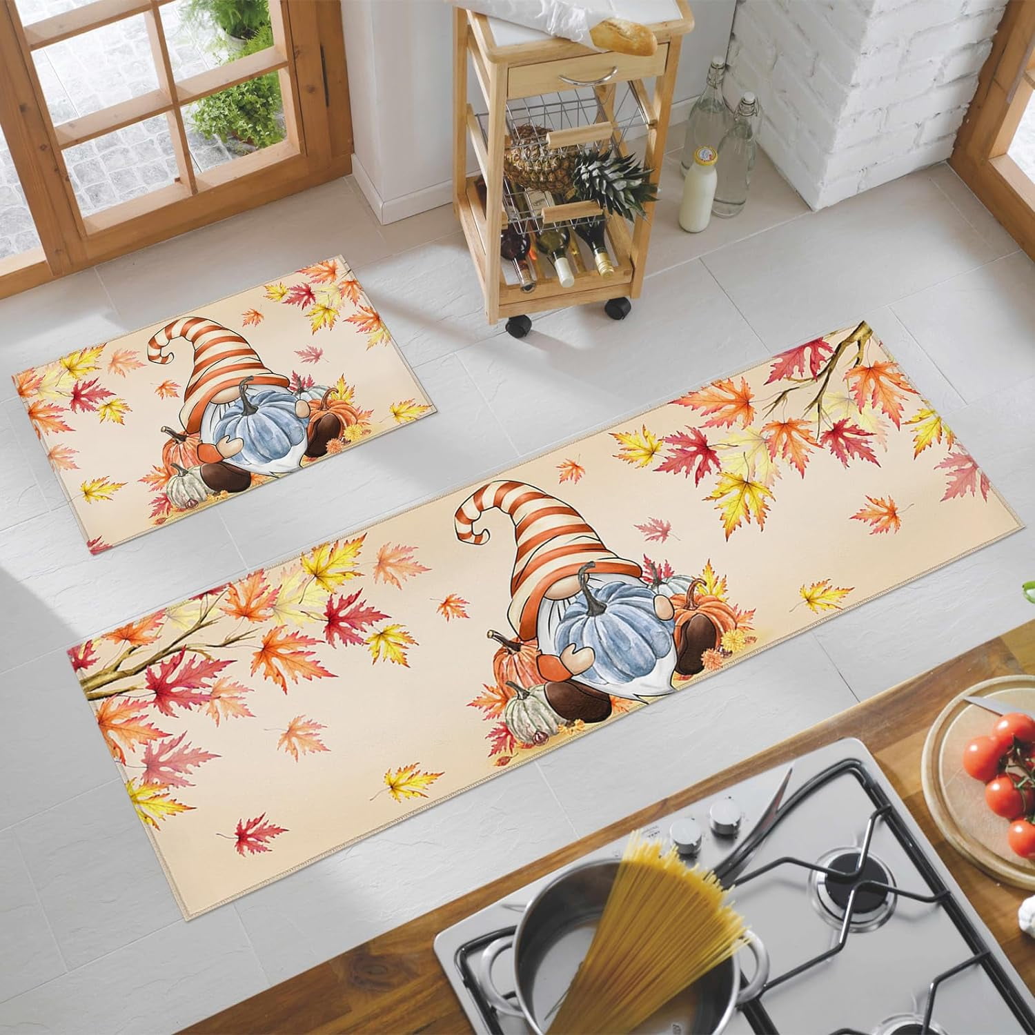 Farm Gnomes with Pumpkins Kitchen Rugs and Mats Non Skid Washable Floor Doormat, Autumn Harvest Maple Leaf Branch 2 Piece Comfort Sink Standing Rug Area Runner Non-Slip Rubber Backing Mat Orange