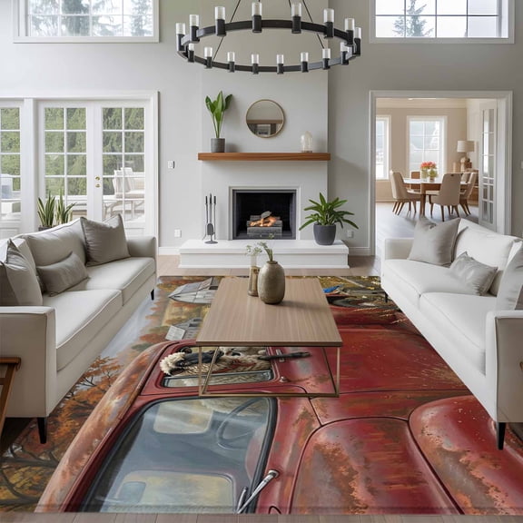 Farm Goat Animal 8x10 Area Rug for Living Room Sectional Sofa, Vintage Red Truck Daisy Brown Tree House Washable Non Slip Large Rectangle Area Rug