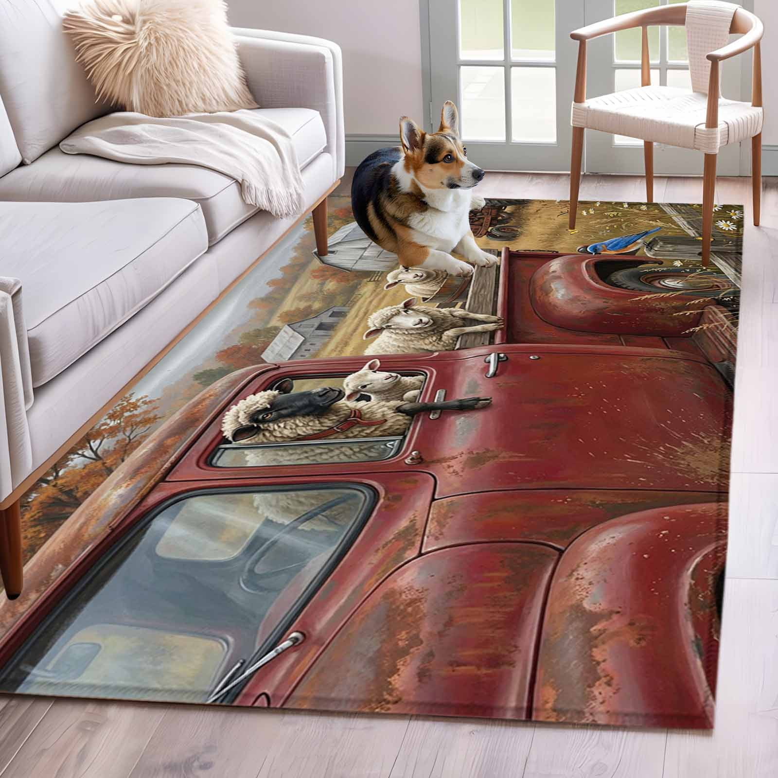 Farm Goat Animal Area Rugs 4x6 ft Vintage Red Truck Daisy Brown Tree ...
