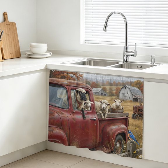 Farm Goat Animal Cabinet Curtains for Kitchen 10"W x 11"L, Vintage Red Truck Daisy Brown Tree House Under Sink Skirt Magic Tape Short Curtain Decorative Privacy Panel for Bathroom Laundry