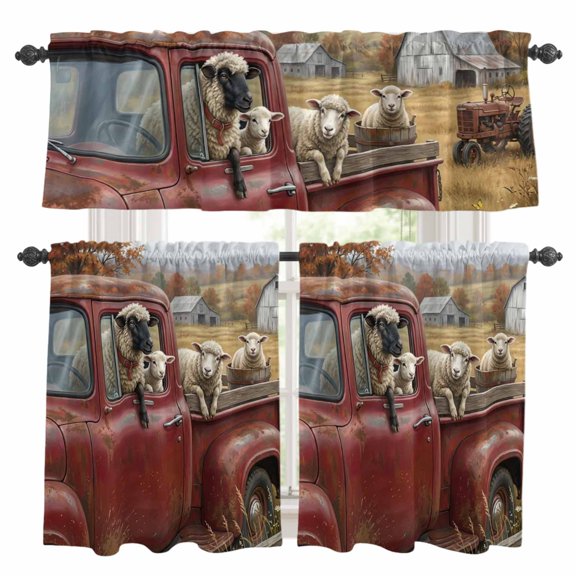 Farm Goat Animal Kitchen Curtains and Valances Set, Vintage Red Truck Daisy Brown Tree House Rod Pocket Window Valance Window Curtain Panels for Living Room Bedroom Laundry, 27.5x24in, 3 Pieces