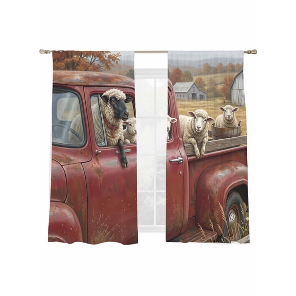Farm Goat Animal Sheer Curtains 2 Panels Set Vintage Red Truck Daisy Brown Tree House Sheer Window Curtains Light Filtering Rod Pocket Voile Drapes for Bedroom Living Room 52"X72"