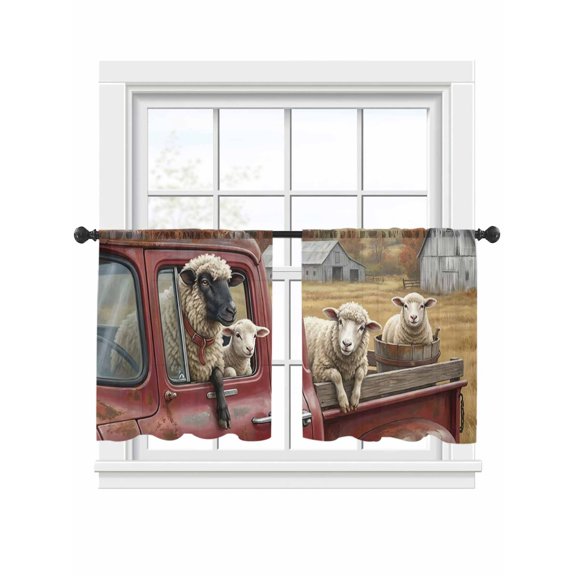 Farm Goat Animal Sheer Curtains 2 Panels Set Vintage Red Truck Daisy Brown Tree House Sheer Window Curtains Light Filtering Rod Pocket Voile Drapes for Bedroom Living Room 52"x45"