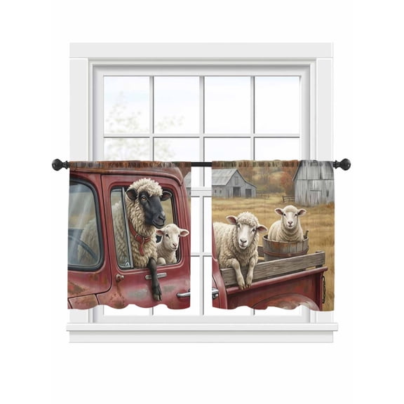 Farm Goat Animal Sheer Curtains 2 Panels Set Vintage Red Truck Daisy Brown Tree House Sheer Window Curtains Light Filtering Rod Pocket Voile Drapes for Bedroom Living Room 52"x54"