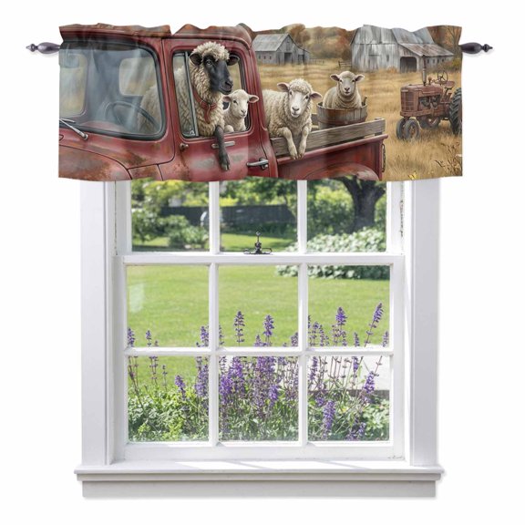 Farm Goat Animal Valances for Windows Vintage Red Truck Daisy Brown Tree House Rod Pocket Cafe Window Treatments Valance Curtains for Kitchen Bathroom Laundry Basement Windows 54"x18"