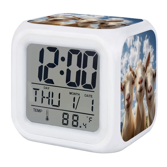 Farm Goats Digital Alarm Clock for Bedrooms, Smart LED Alarm Clock with 7 Color Changing Night Light, Rustic Farmhouse Animals Blue Sky Cloud Silent Wake Up Clocks for Sleep Study Cooking 3.2"x3.2"
