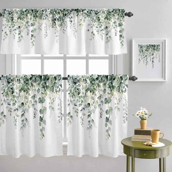 Farm Gradient Green Eucalyptus Leaves Curtain Tier and Valance Set 3 Piece, Spring Plants 3-inch Rod Pocket Window Tier Curtains Valance for Kitchen Living Room