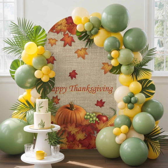 Farm Gradient Maple Leaves Arch Backdrop Cover Stretchy Spandex Arch Cover 6ft, Fall Harvest Corn Retro Linen Round Top Chiara Stand Covers for Wedding Birthday Party Ceremony Banquet