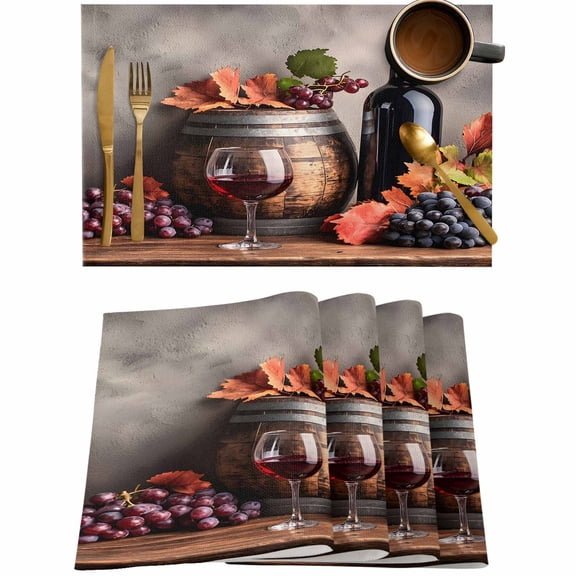 Farm Grapes Wine Barrel Placemats Set of 4,Wipeable Washable Table Mats for Dining Tables,Country Fruit Harvest Place Mats for Kitchen Event Party Tabletop Decor