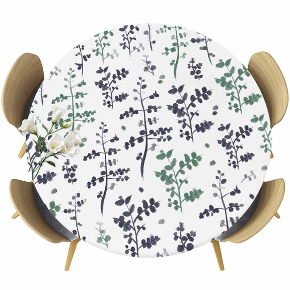 Farm Green Black Leaves Round Fitted Tablecloth with Elastic Edge, Country Style Leaf Floral Retro Plant Stretch Table Covers for 36"-44" Tables Wipeable Table Cloth for Outdoor