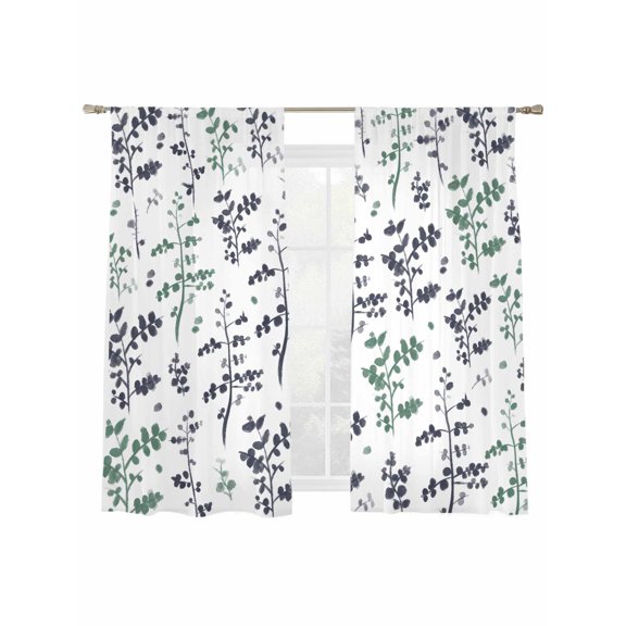 Farm Green Black Leaves Sheer Curtains 2 Panels Set Country Style Leaf Floral Retro Plant Sheer Window Curtains Light Filtering Rod Pocket Voile Drapes for Bedroom Living Room 52"x63"